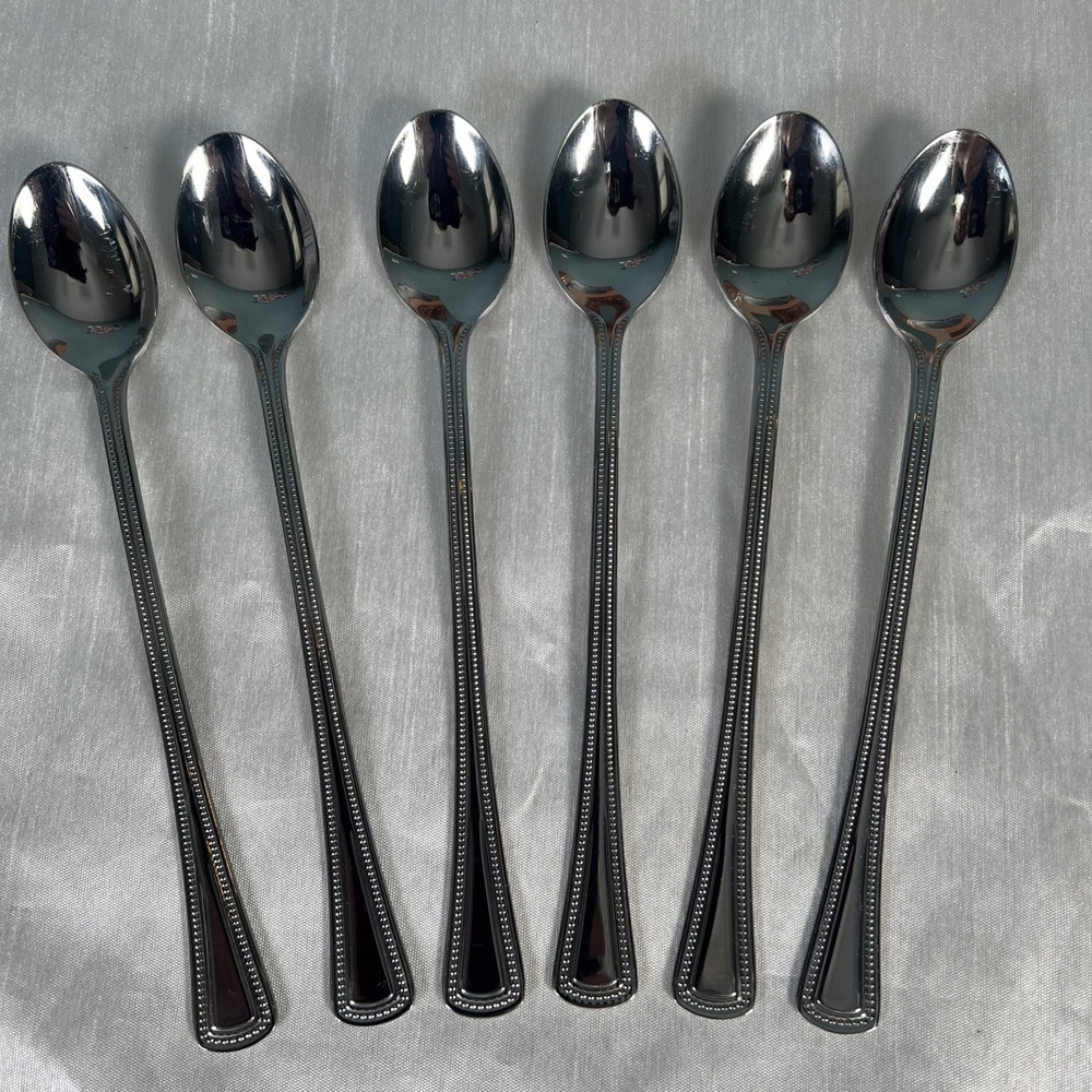 6- International Stainless Flatware 7" Long Handle Iced Tea Spoons - Beaded Edge